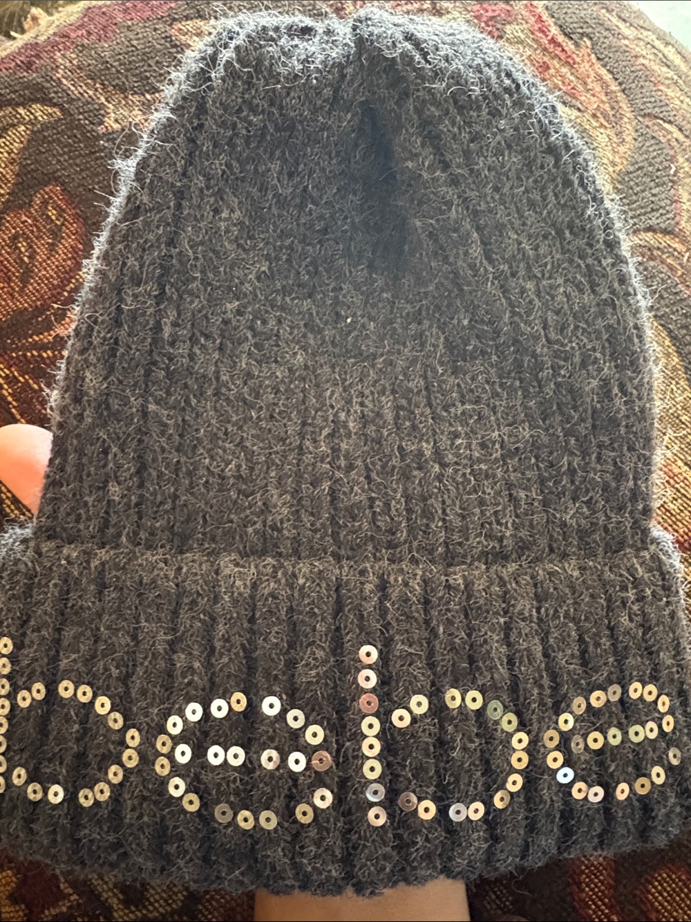 BEBE Sequined Knit Beanie - DARK GREY